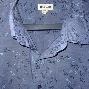 Haggar Blue Shark Print Casual Button Down Shirt